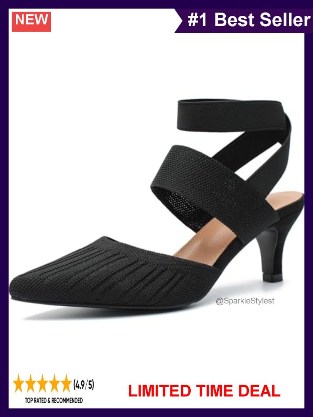 Pointed Toe Slingback Kitten Heel Pumps Elastic Strap Knit Dress Shoes